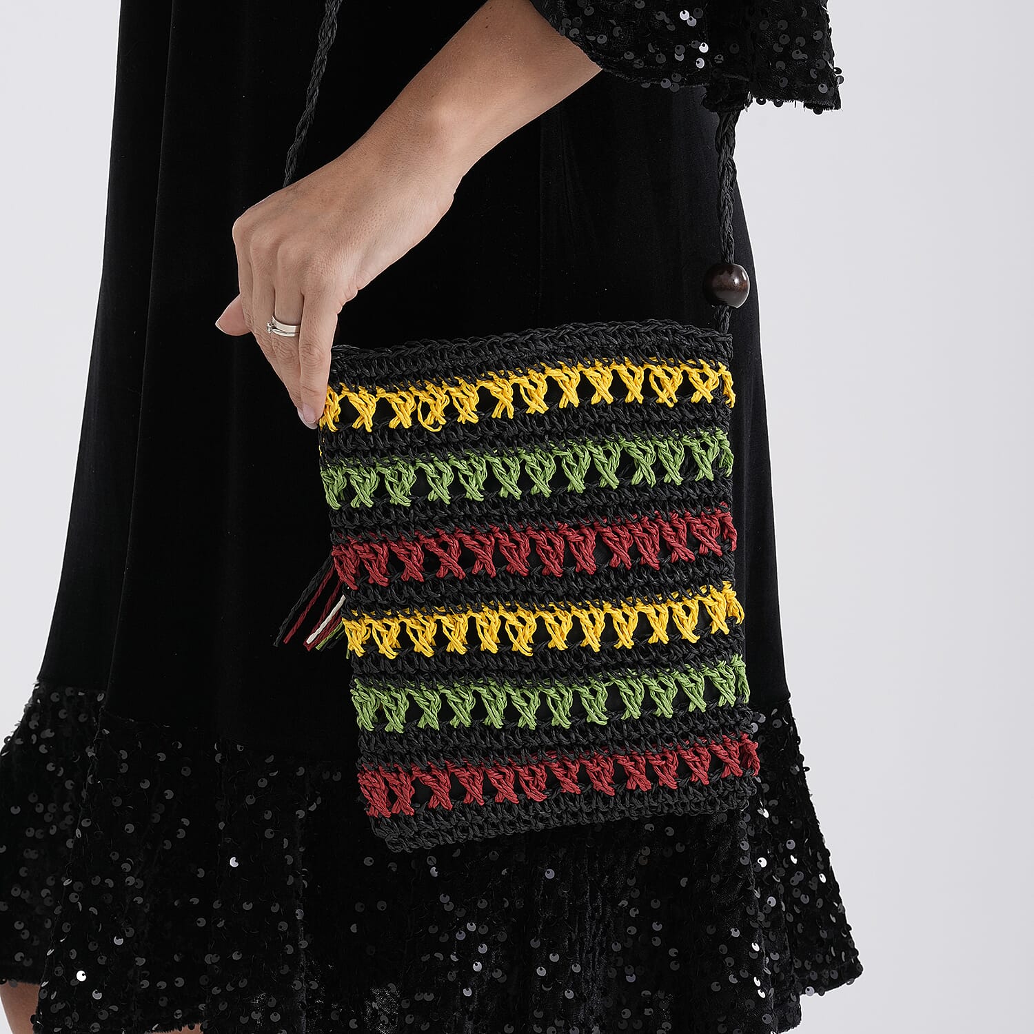Striped Crochet Messenger Crossbody Bag - Black V32515875 4
