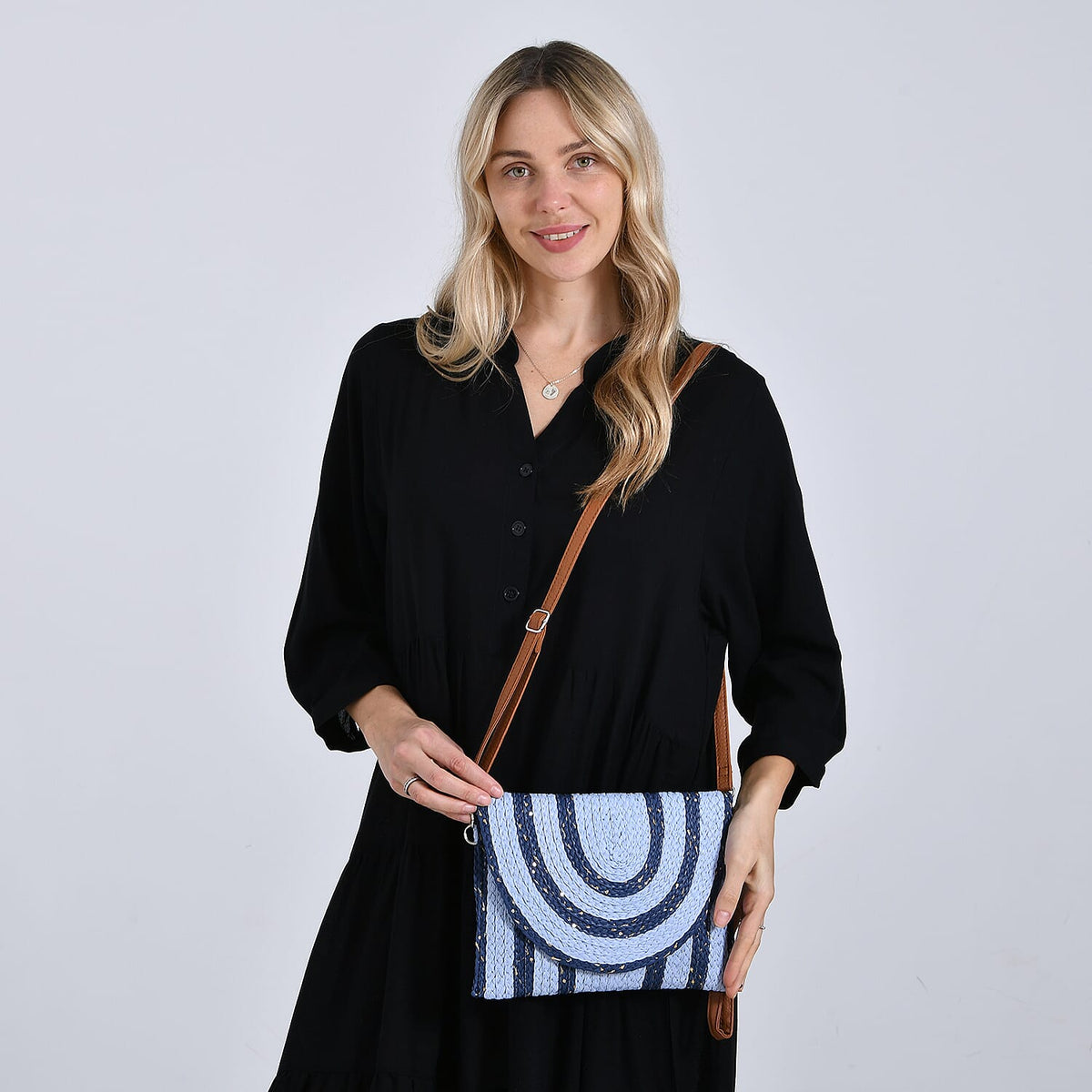 Bohemian Style Stripe Pattern Clutch with Long Adjustable Strap - Blue &amp; Black 8044472 2