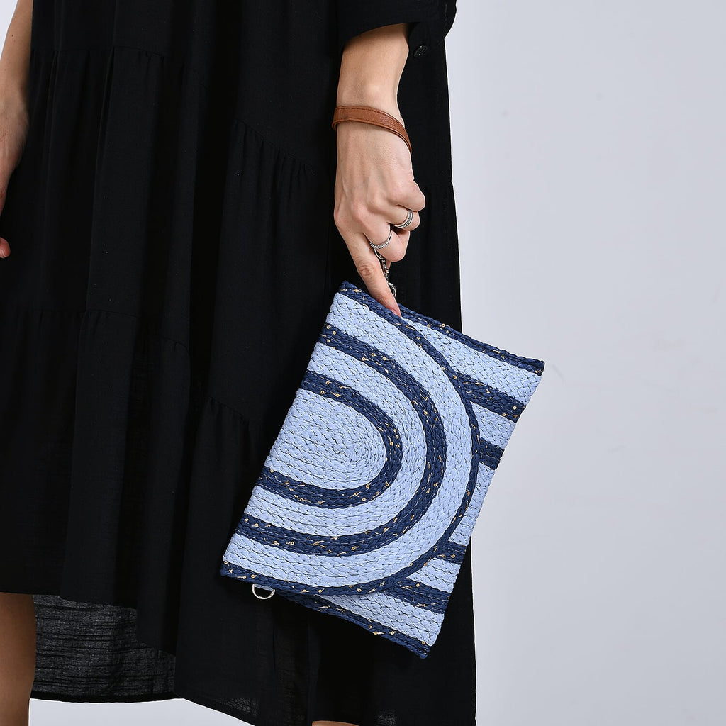 Bohemian Style Stripe Pattern Clutch with Long Adjustable Strap - Blue & Black