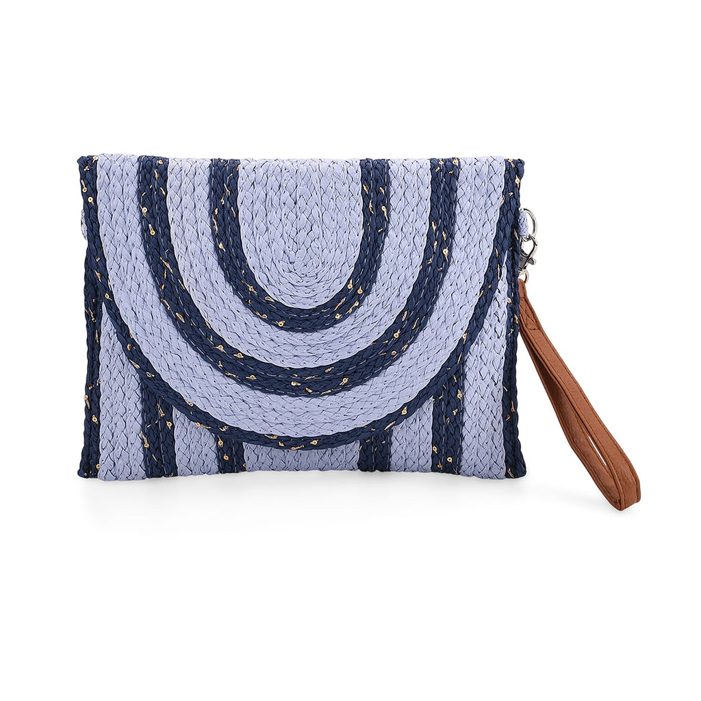 Bohemian Style Stripe Pattern Clutch with Long Adjustable Strap - Blue & Black