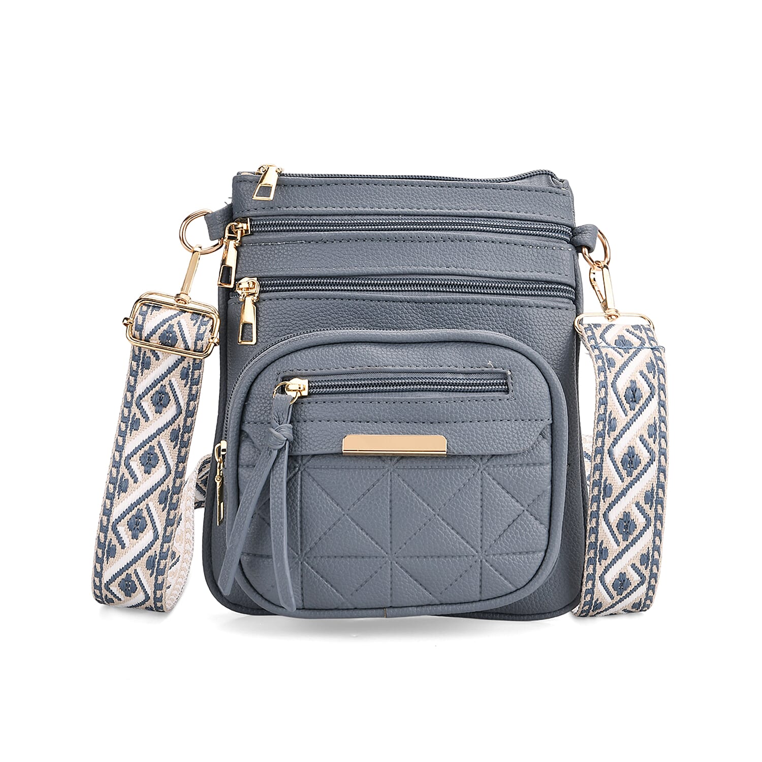 Quilted Crossbody Bag with Geometric Pattern Strap - Denim Blue 8077784 0