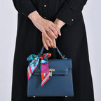 Kelly-Style Shoulder Bag with Scarf Accent & Adjustable Strap - Blue