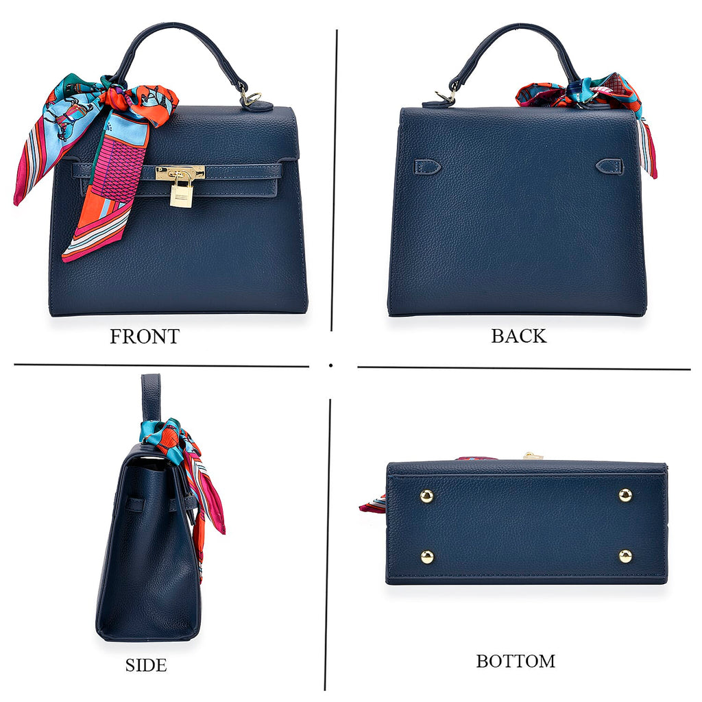 Kelly-Style Shoulder Bag with Scarf Accent & Adjustable Strap - Blue