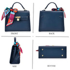 Kelly-Style Shoulder Bag with Scarf Accent & Adjustable Strap - Blue