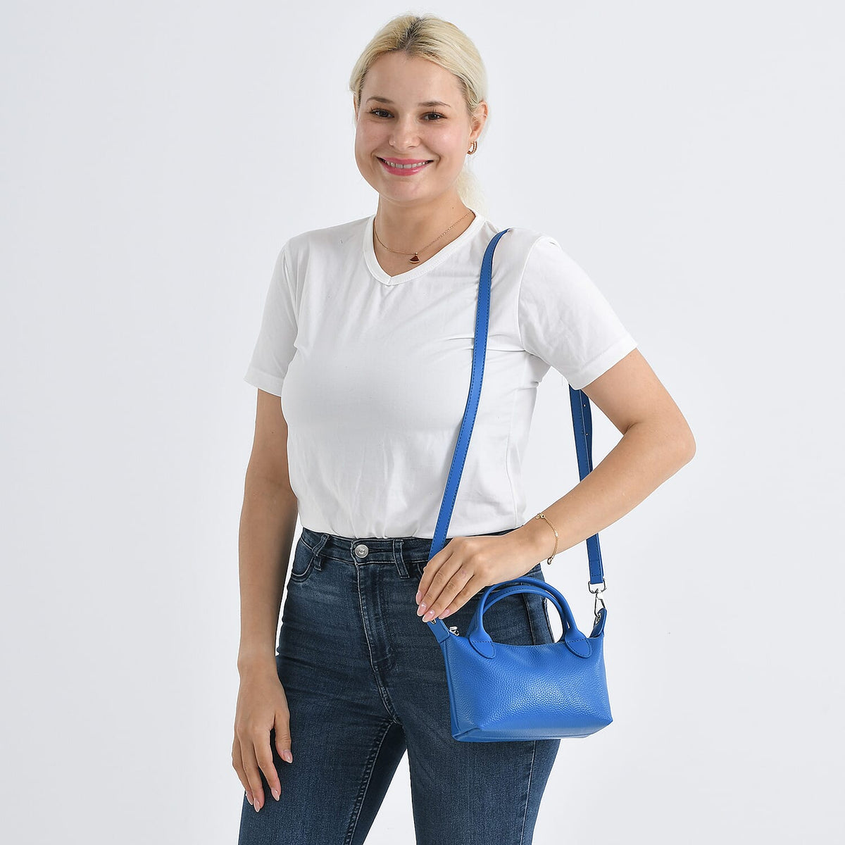 Designer Inspired Genuine Leather Mini Crossbody Bag Wth Top Handle (Size - One Size) - Blue V32638484 3