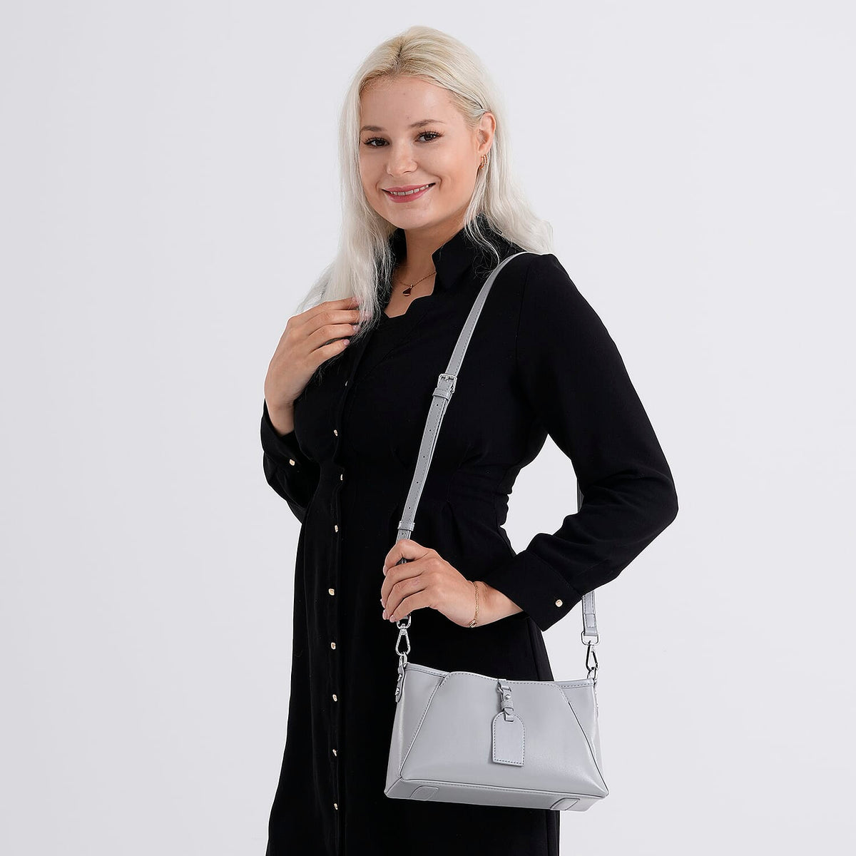 Limited Edition Designer Inspired - Premium Leather Shoulder Bag with Dual Interchangeable Straps - Light Grey 8419392 3