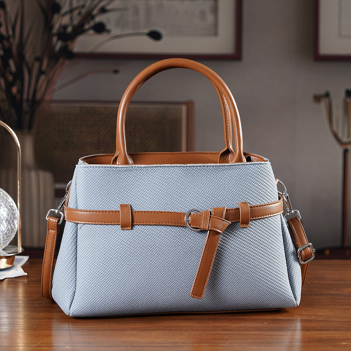 Designer Inspired Satchel-Style Handbag with Belt Detail - Blue V32523658 2