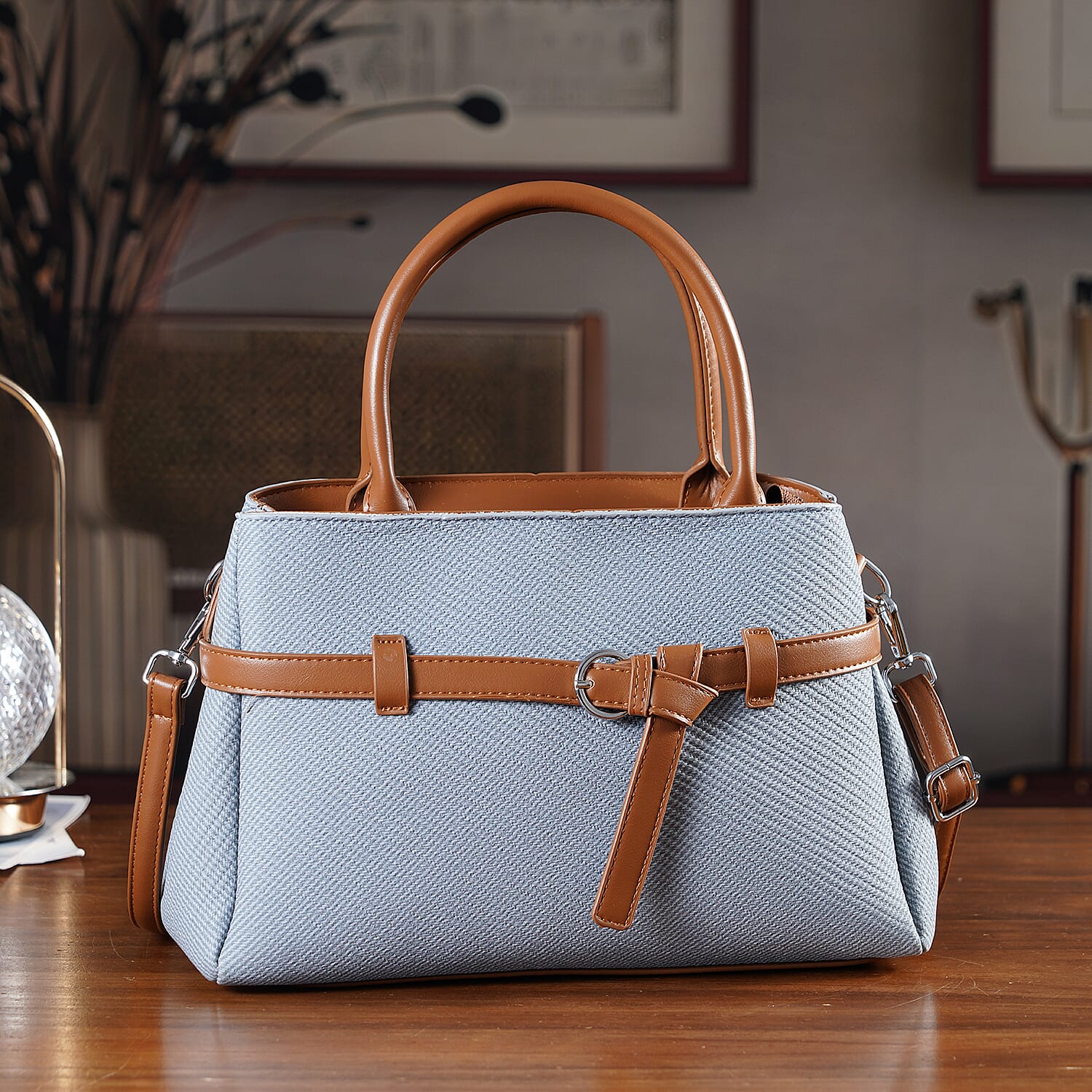 Designer Inspired Satchel-Style Handbag with Belt Detail - Blue V32523658 2