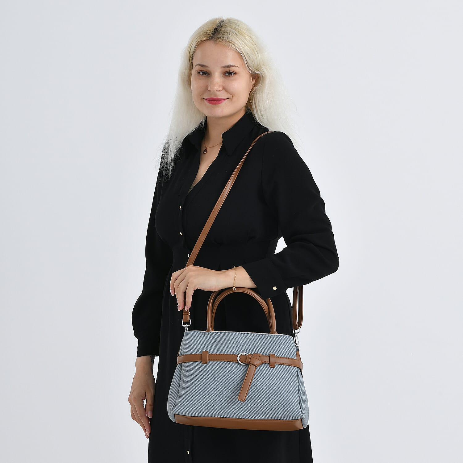 Designer Inspired Satchel-Style Handbag with Belt Detail - Blue V32523658 3