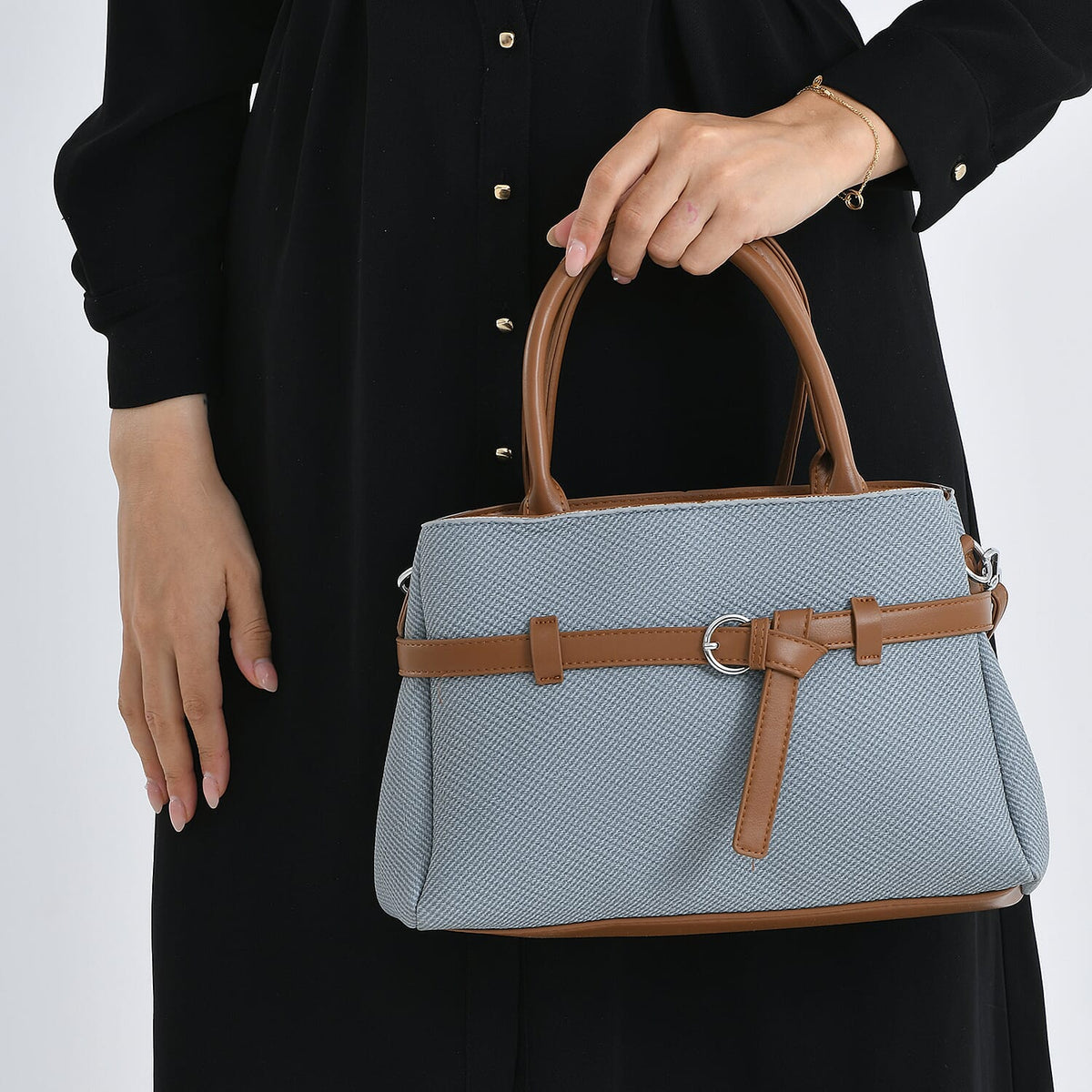 Designer Inspired Satchel-Style Handbag with Belt Detail - Blue V32523658 4