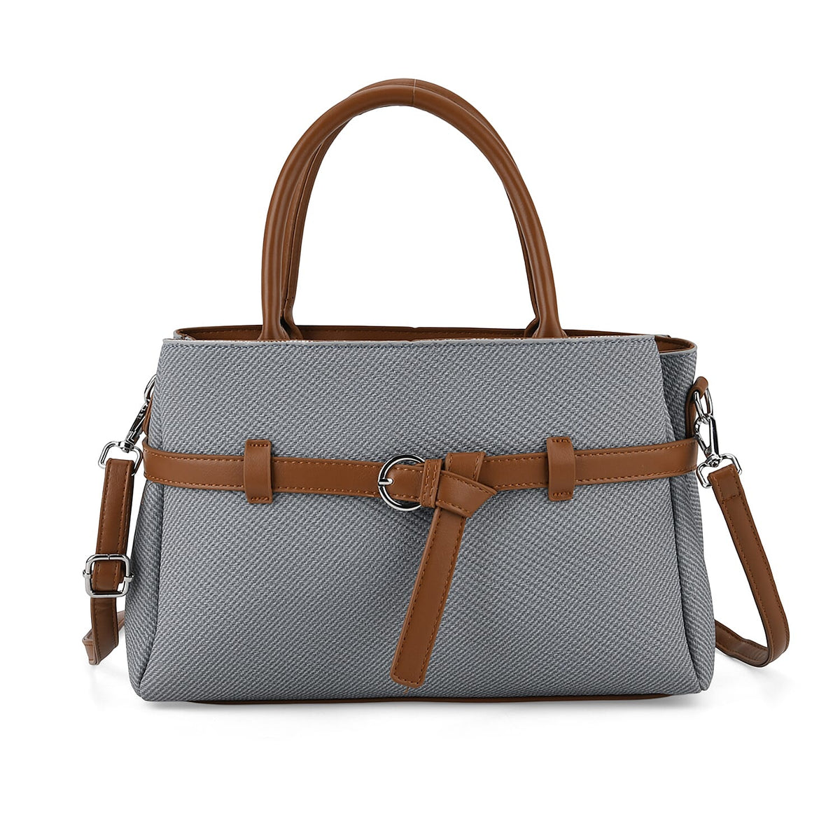 Designer Inspired Satchel-Style Handbag with Belt Detail - Blue V32523658 6