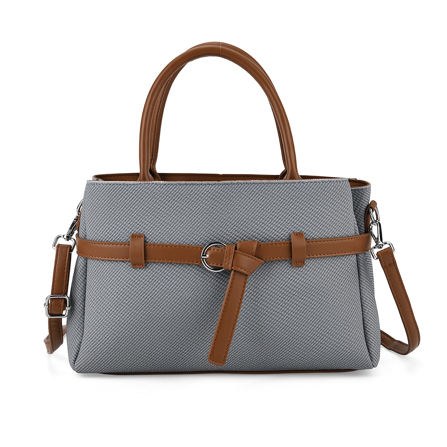 Designer Inspired Satchel-Style Handbag with Belt Detail - Blue V32523658 6