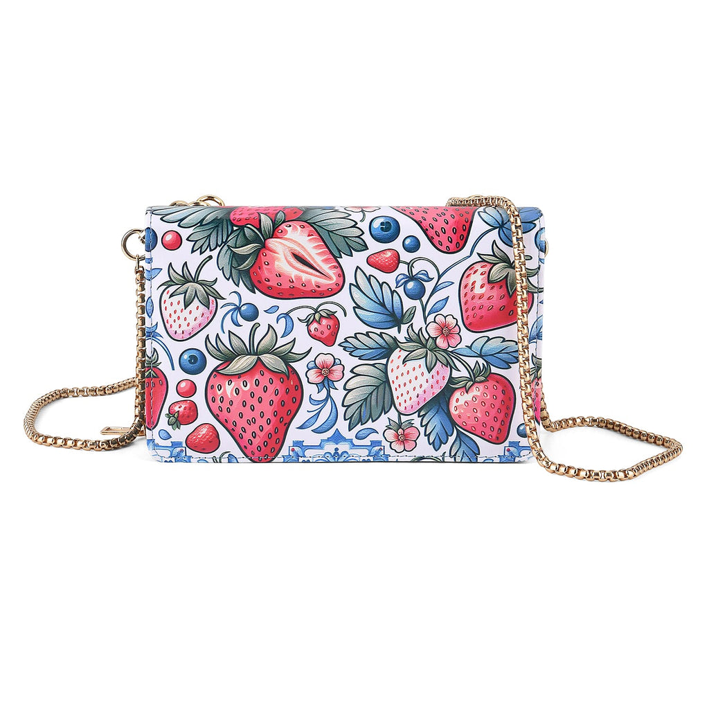 Designer-Inspired RFID-Protected Strawberry Print Shoulder Bag with a Chain Strap - Blue