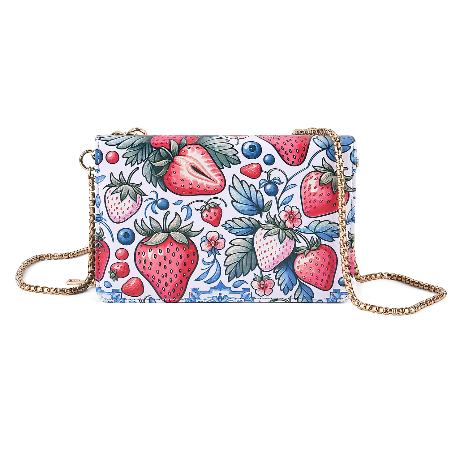 Designer-Inspired RFID-Protected Strawberry Print Shoulder Bag with a Chain Strap - Blue V32514998 0