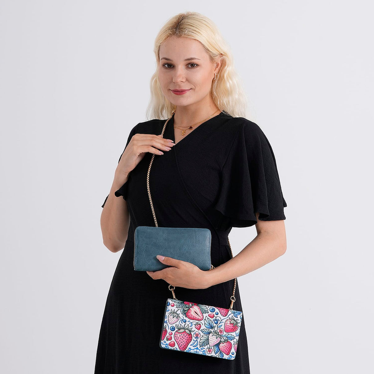 Designer-Inspired RFID-Protected Strawberry Print Shoulder Bag with a Chain Strap - Blue V32514998 3