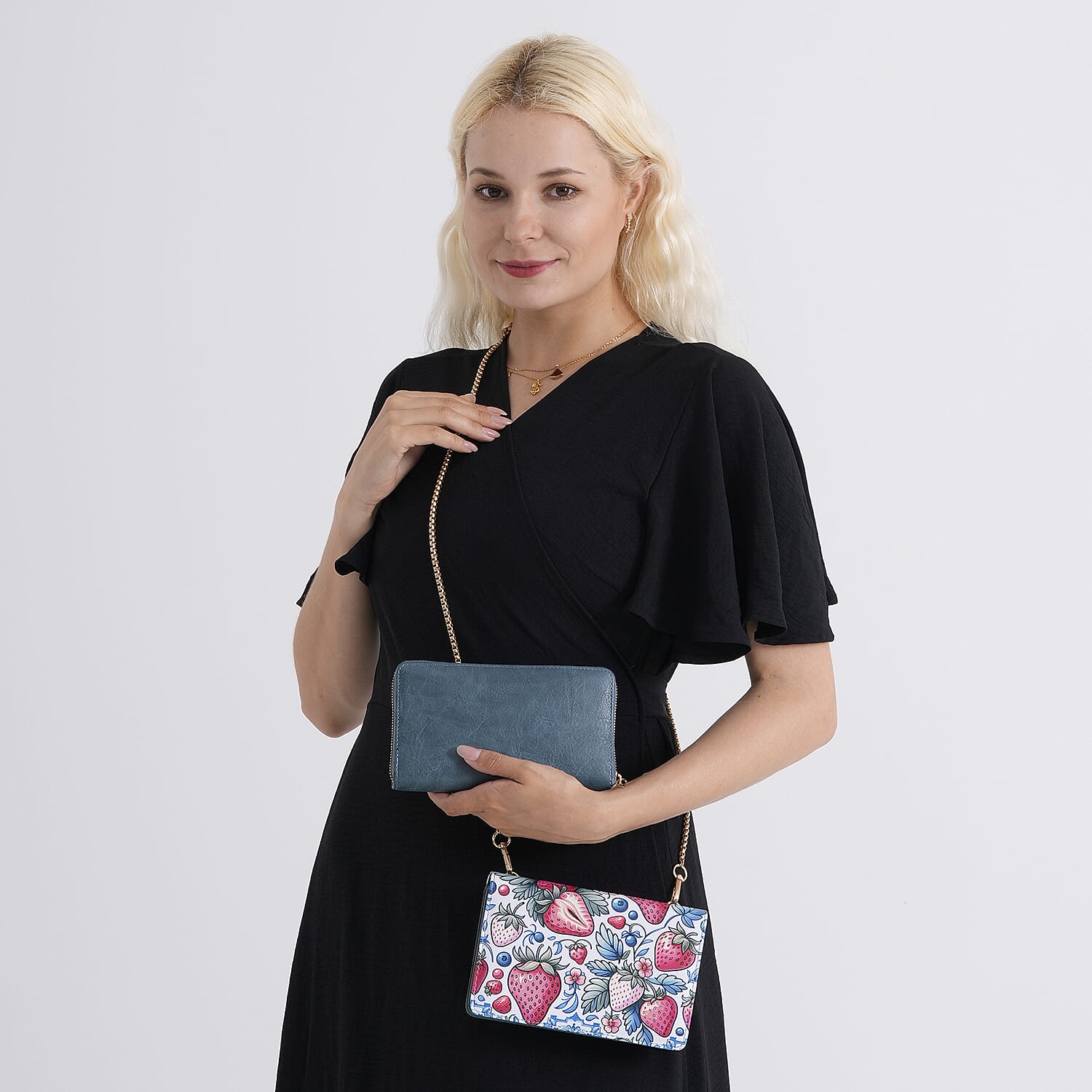 Designer-Inspired RFID-Protected Strawberry Print Shoulder Bag with a Chain Strap - Blue V32514998 3