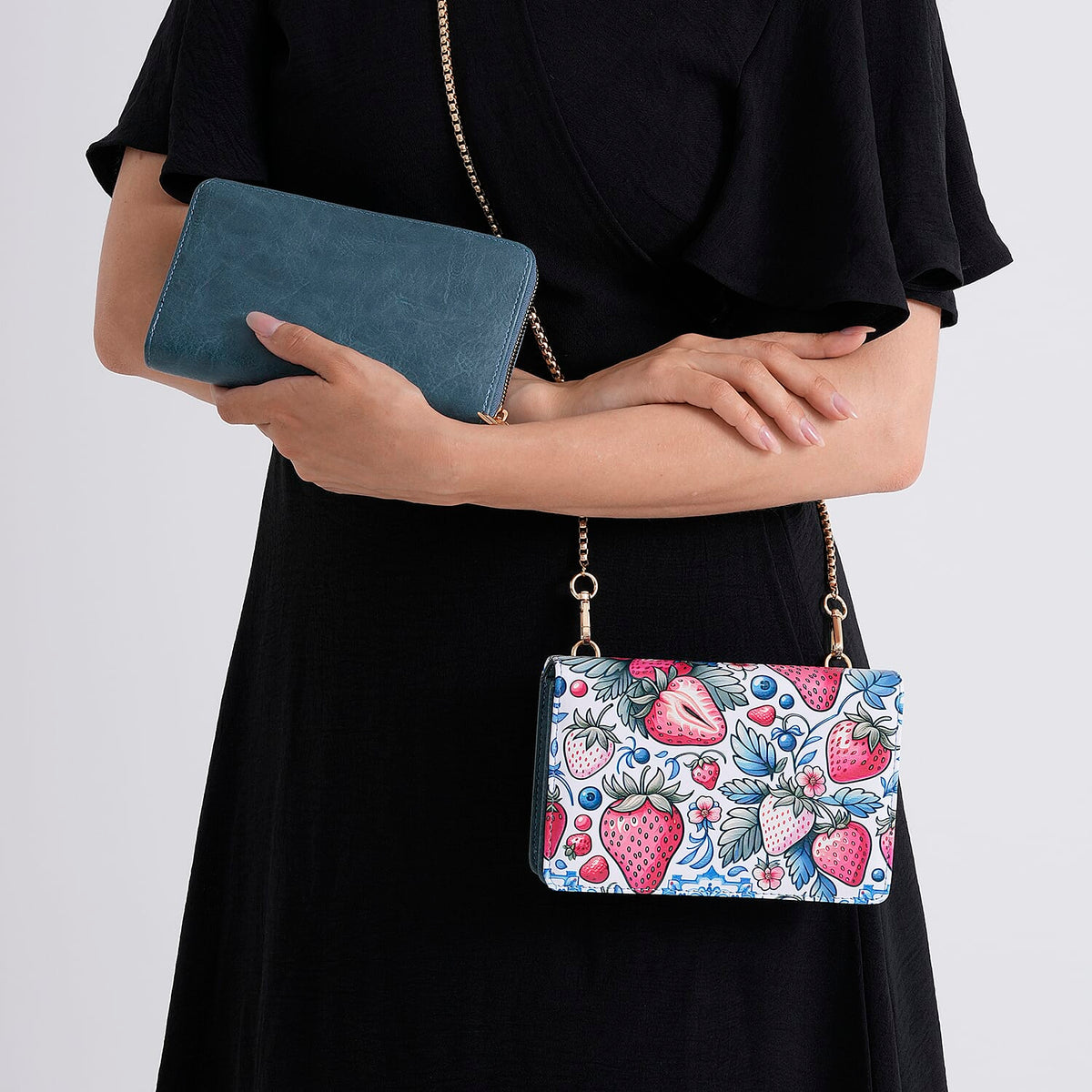 Designer-Inspired RFID-Protected Strawberry Print Shoulder Bag with a Chain Strap - Blue V32514998 4
