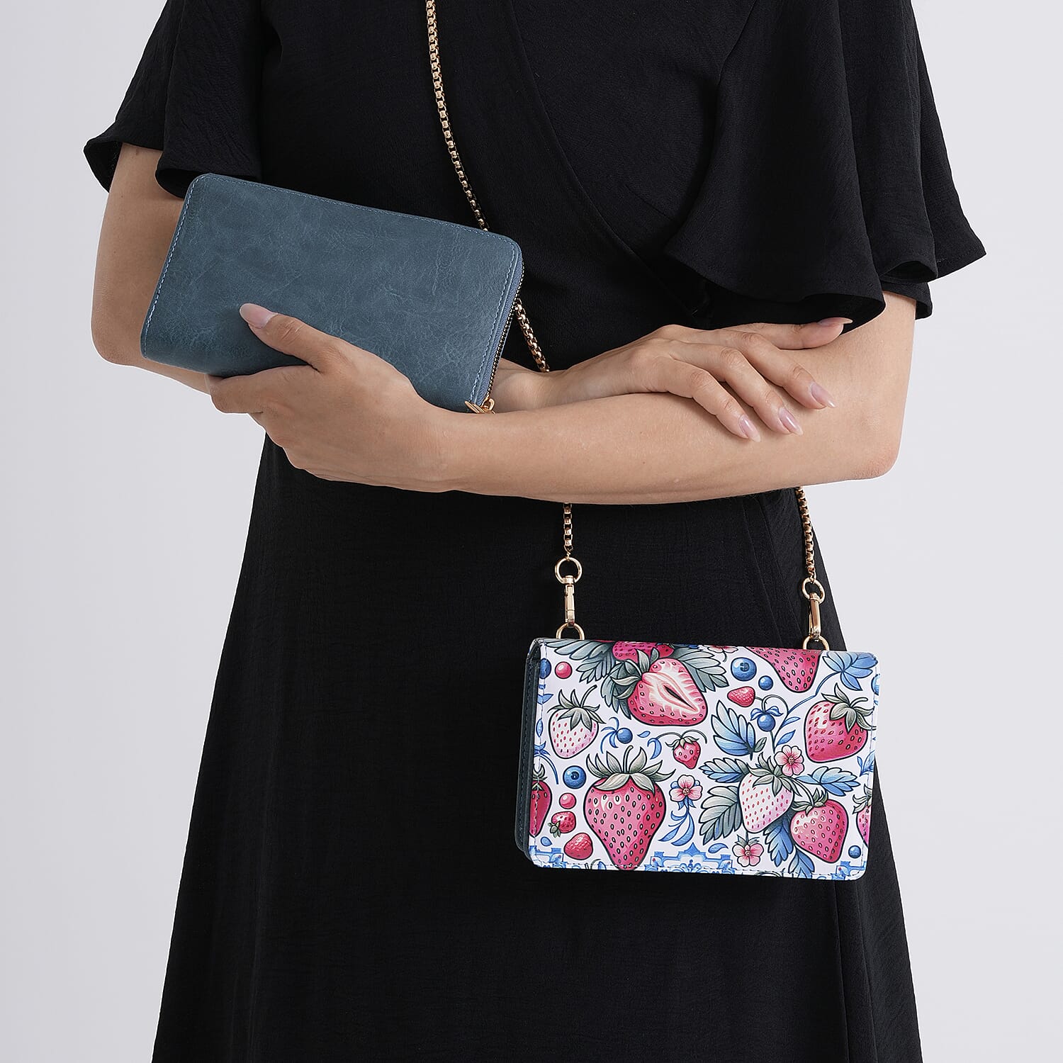 Designer-Inspired RFID-Protected Strawberry Print Shoulder Bag with a Chain Strap - Blue V32514998 4
