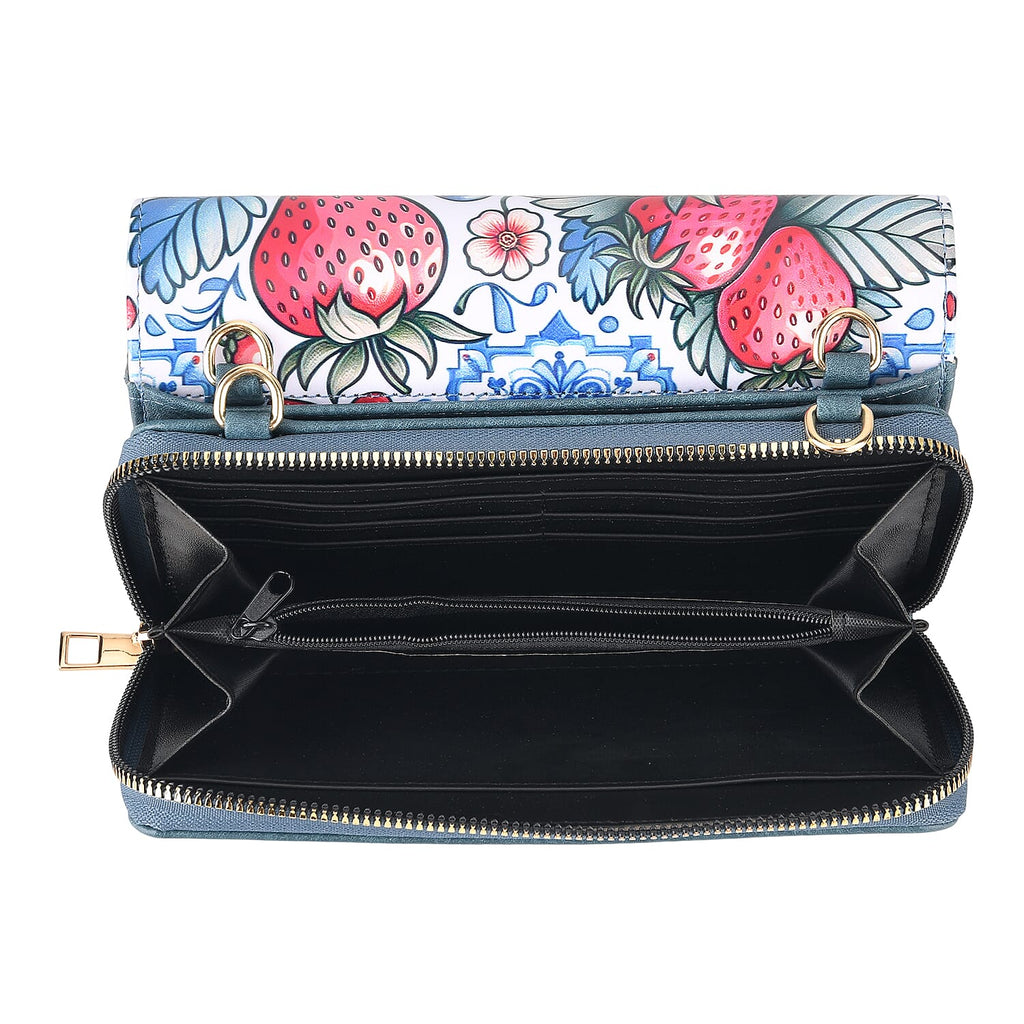 Designer-Inspired RFID-Protected Strawberry Print Shoulder Bag with a Chain Strap - Blue