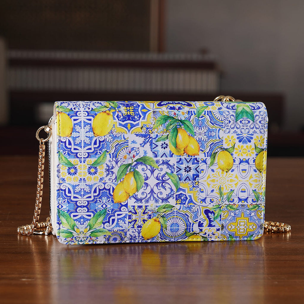Designer-Inspired RFID-Protected Lemon Print Shoulder Bag with a Chain Strap - Blue