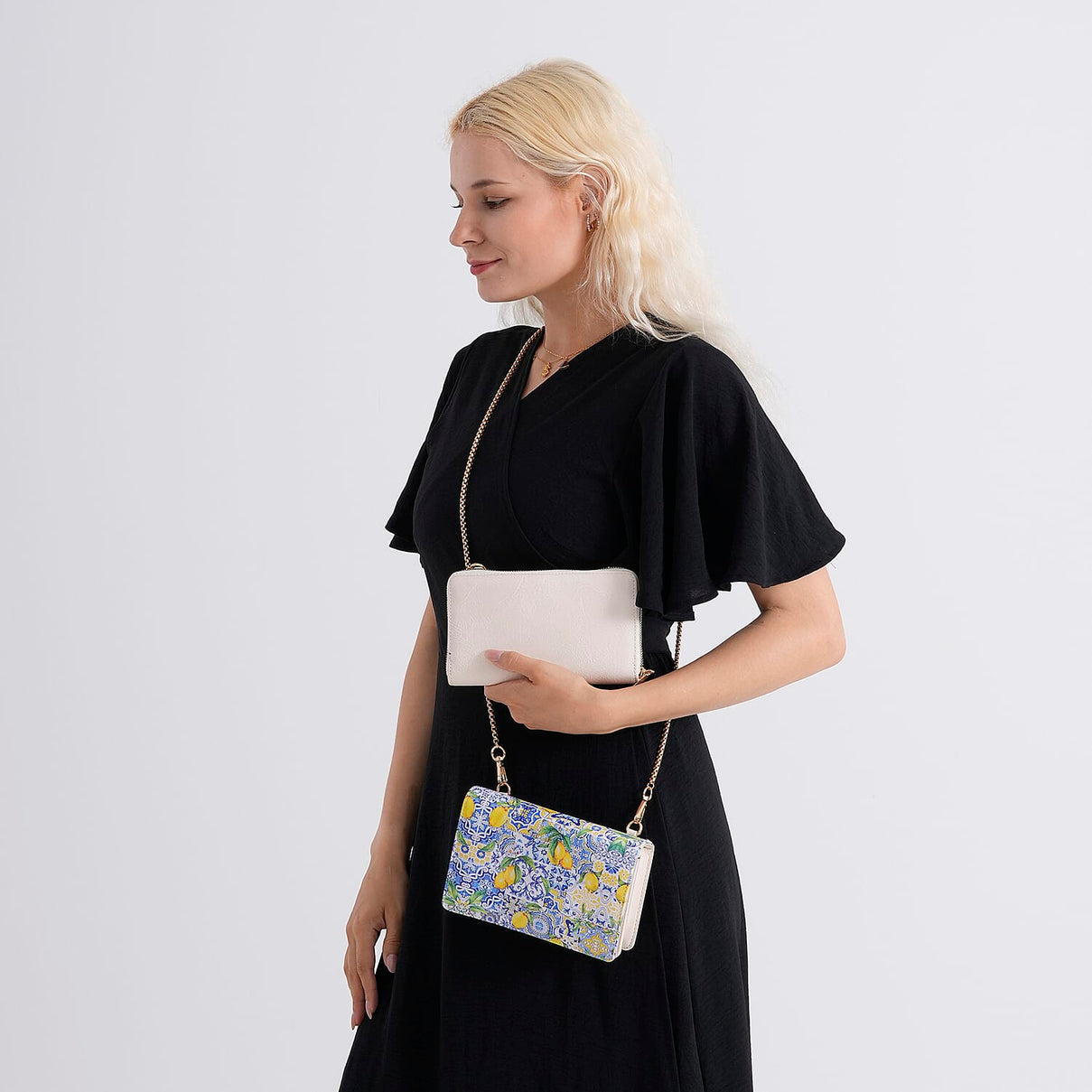 Designer-Inspired RFID-Protected Lemon Print Shoulder Bag with a Chain Strap - Blue 8480562 3