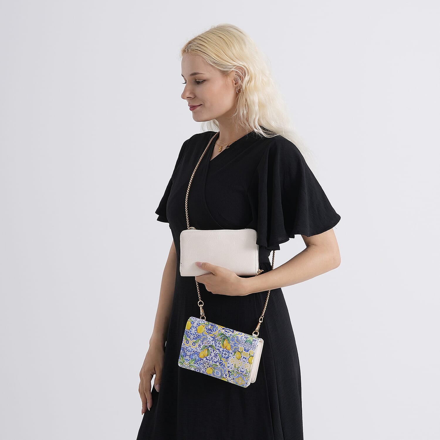 Designer-Inspired RFID-Protected Lemon Print Shoulder Bag with a Chain Strap - Blue 8480562 3
