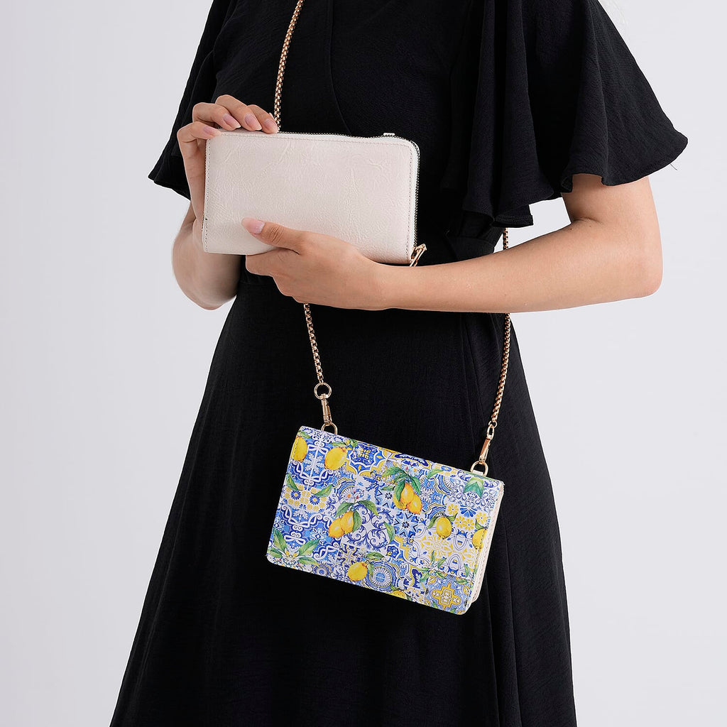 Designer-Inspired RFID-Protected Lemon Print Shoulder Bag with a Chain Strap - Blue