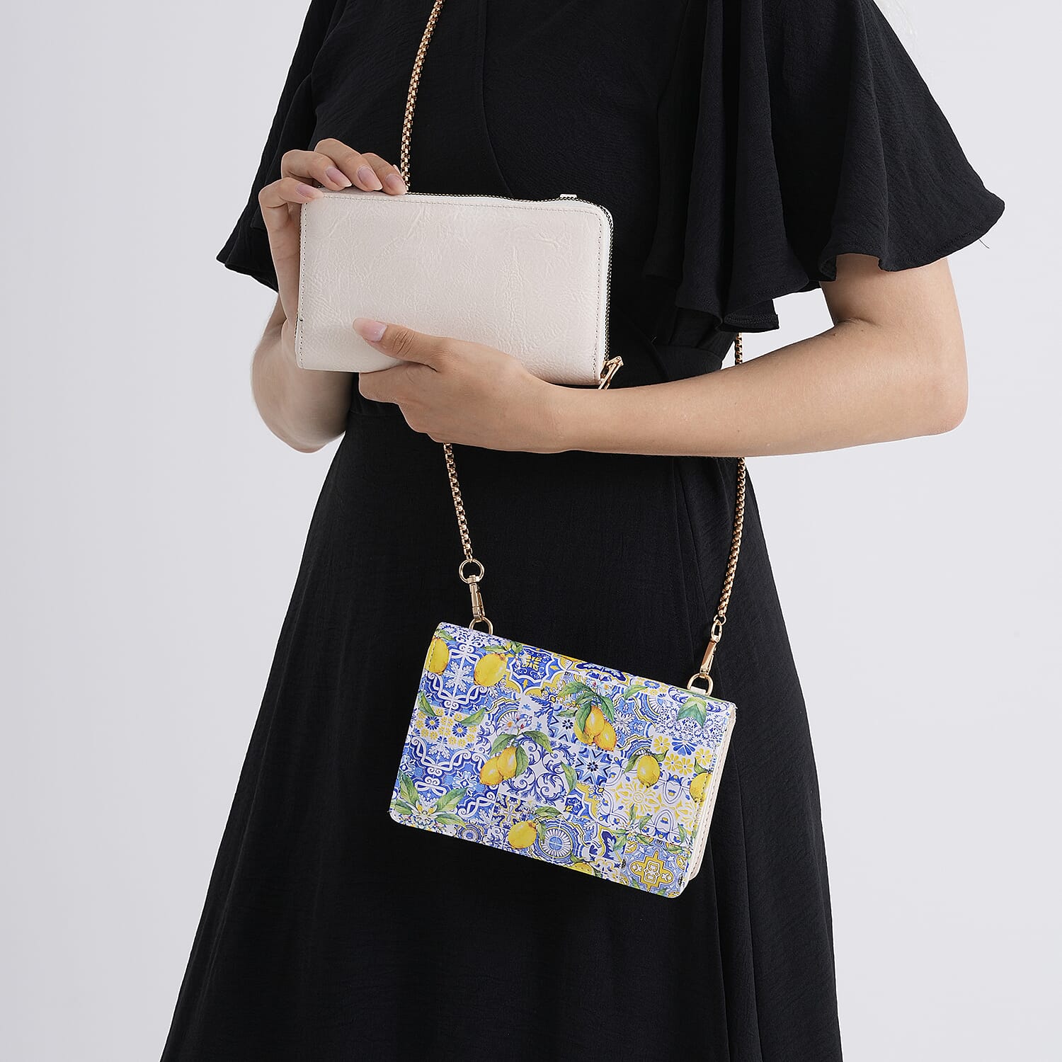 Designer-Inspired RFID-Protected Lemon Print Shoulder Bag with a Chain Strap - Blue 8480562 4