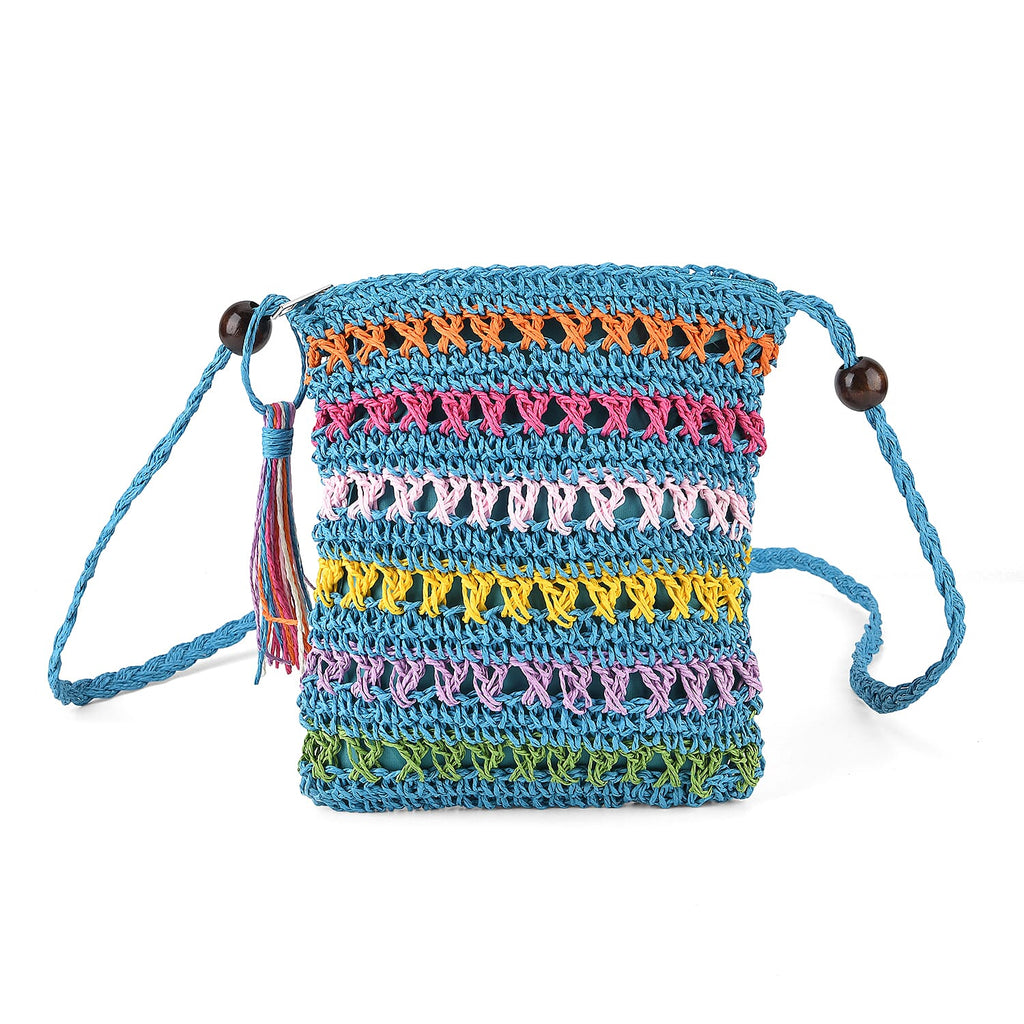 Multi-Colour Striped Crochet Messenger Crossbody Bag - Blue