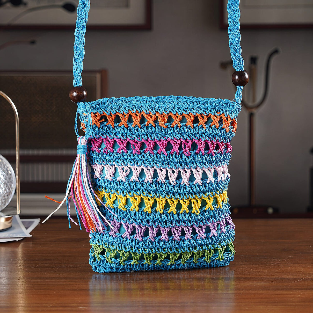 Multi-Colour Striped Crochet Messenger Crossbody Bag - Blue V32515272 2