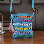 Multi-Colour Striped Crochet Messenger Crossbody Bag - Blue