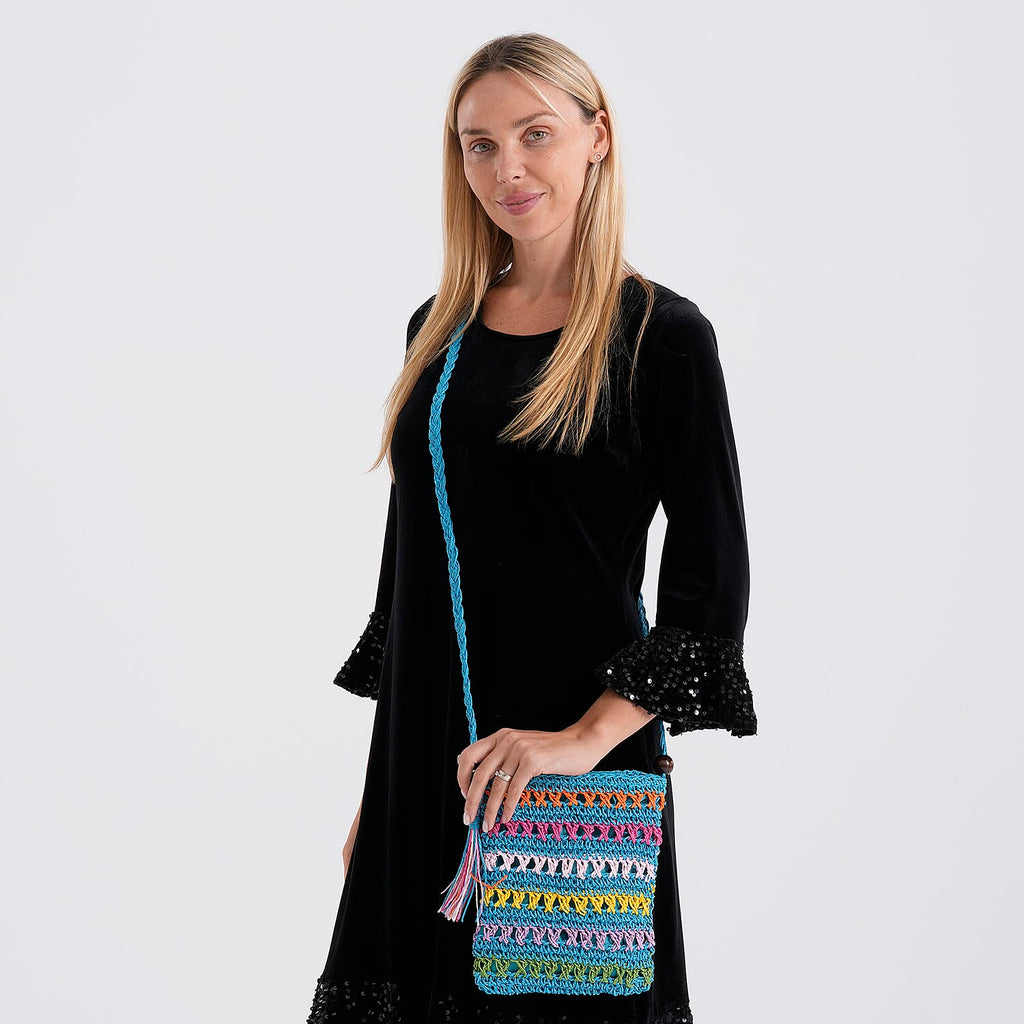 Multi-Colour Striped Crochet Messenger Crossbody Bag - Blue