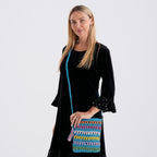Multi-Colour Striped Crochet Messenger Crossbody Bag - Blue