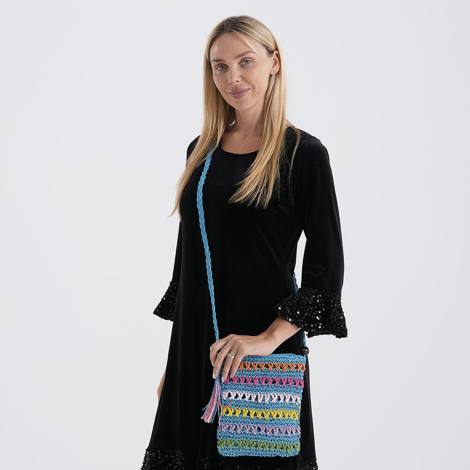 Multi-Colour Striped Crochet Messenger Crossbody Bag - Blue V32515272 3