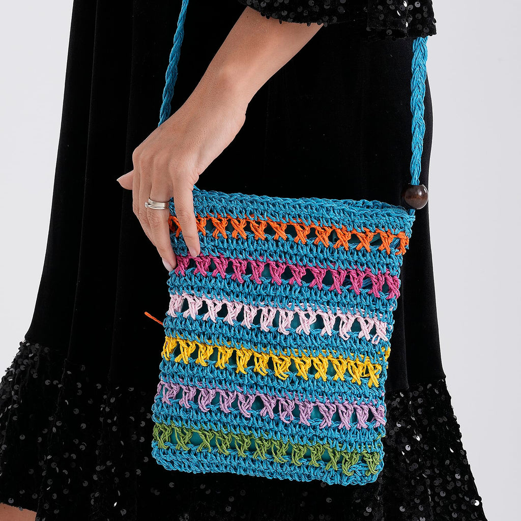 Multi-Colour Striped Crochet Messenger Crossbody Bag - Blue