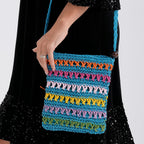 Multi-Colour Striped Crochet Messenger Crossbody Bag - Blue