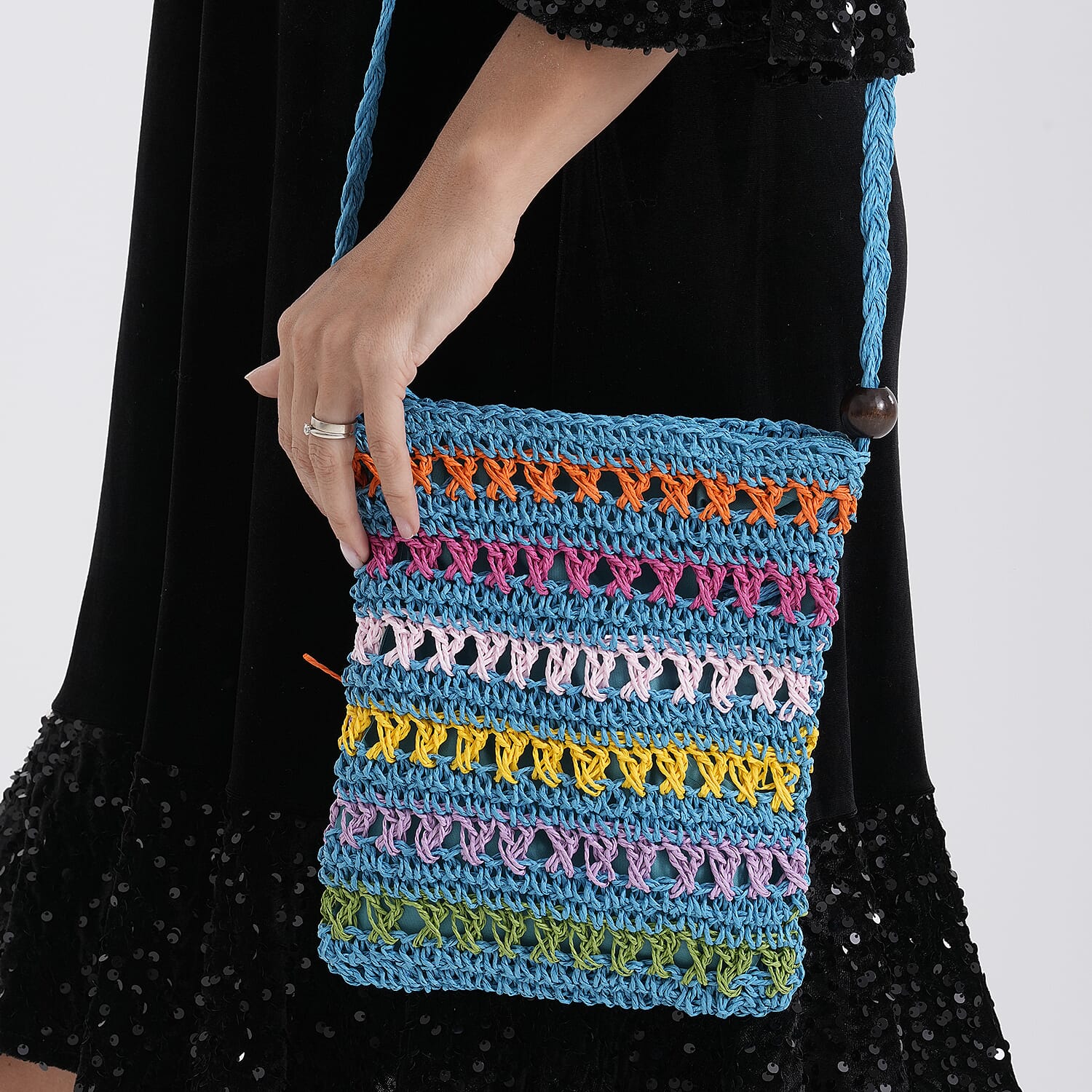 Multi-Colour Striped Crochet Messenger Crossbody Bag - Blue V32515272 4