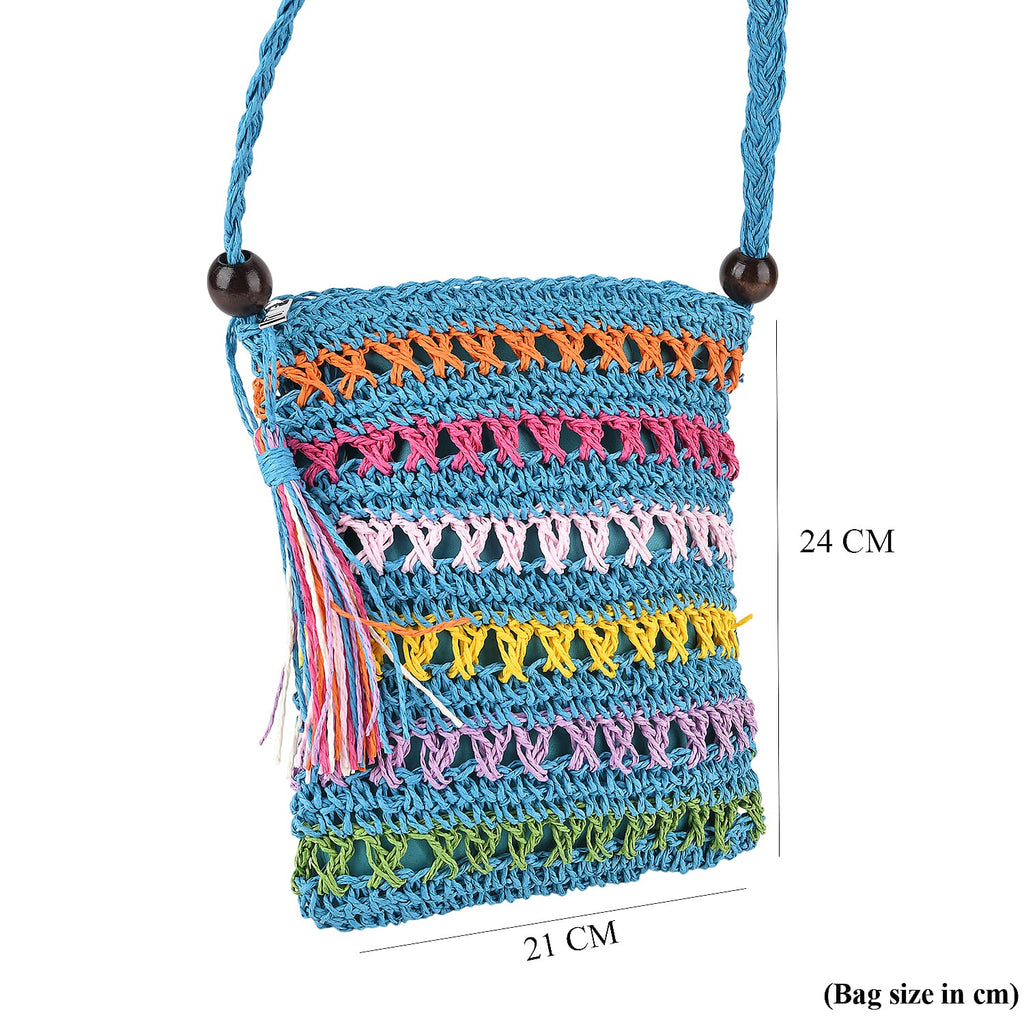 Multi-Colour Striped Crochet Messenger Crossbody Bag - Blue