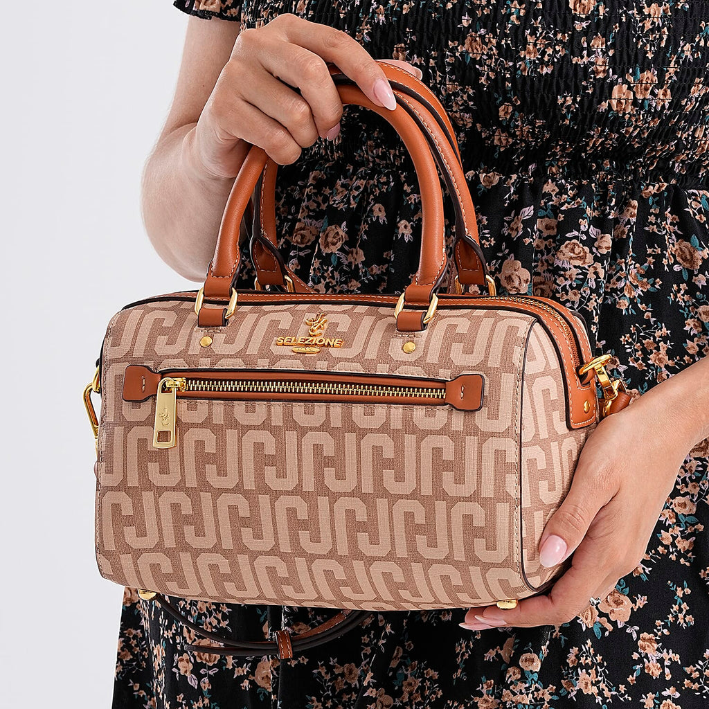 JVC-Style Logo Print Elegant Sling Bag with Detachable Shoulder Strap - Brown with Beige