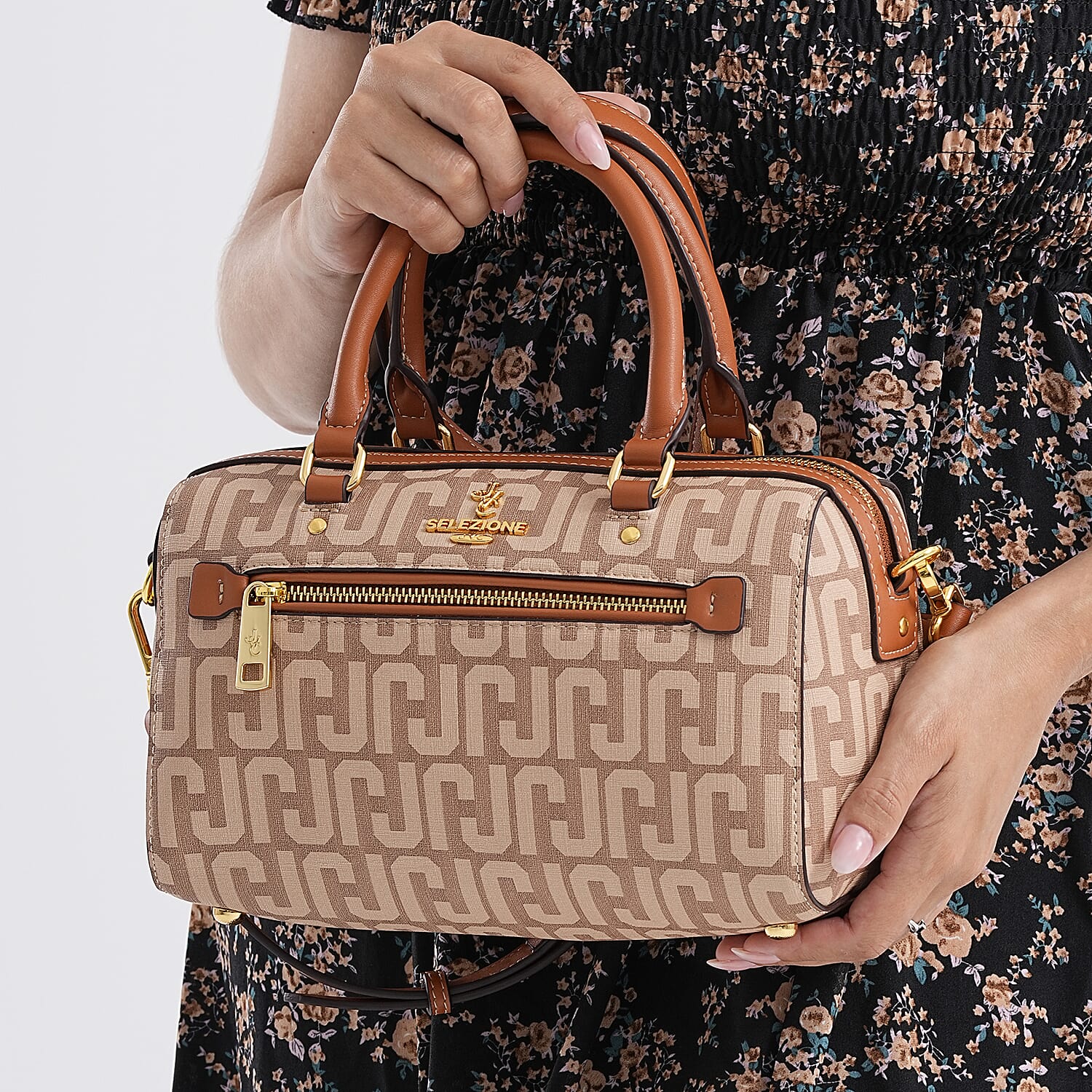 JVC-Style Logo Print Elegant Sling Bag with Detachable Shoulder Strap - Brown with Beige V32491566 3