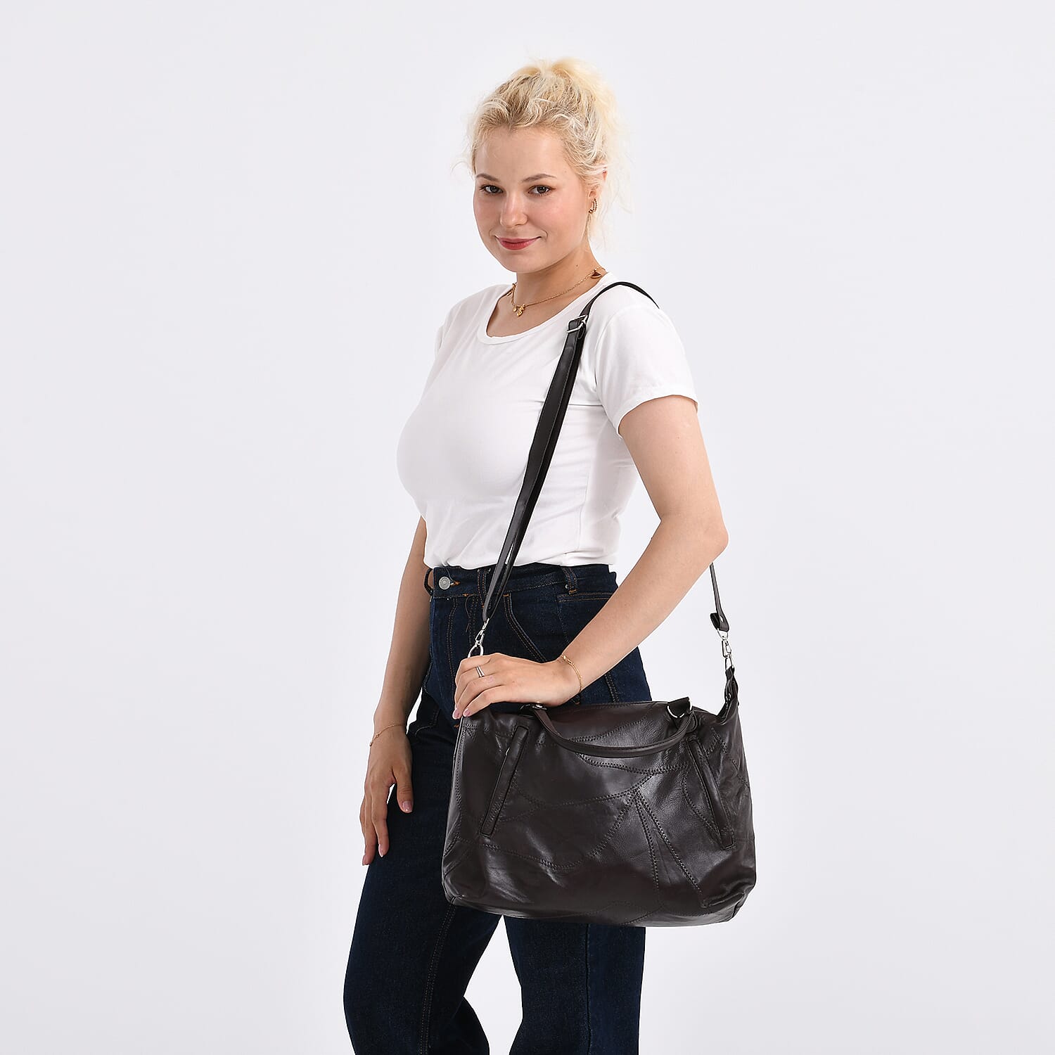 Closeout Deal - Genuine Leather Handbag with Adjustable Shoulder Strap - Brown 8099191 2
