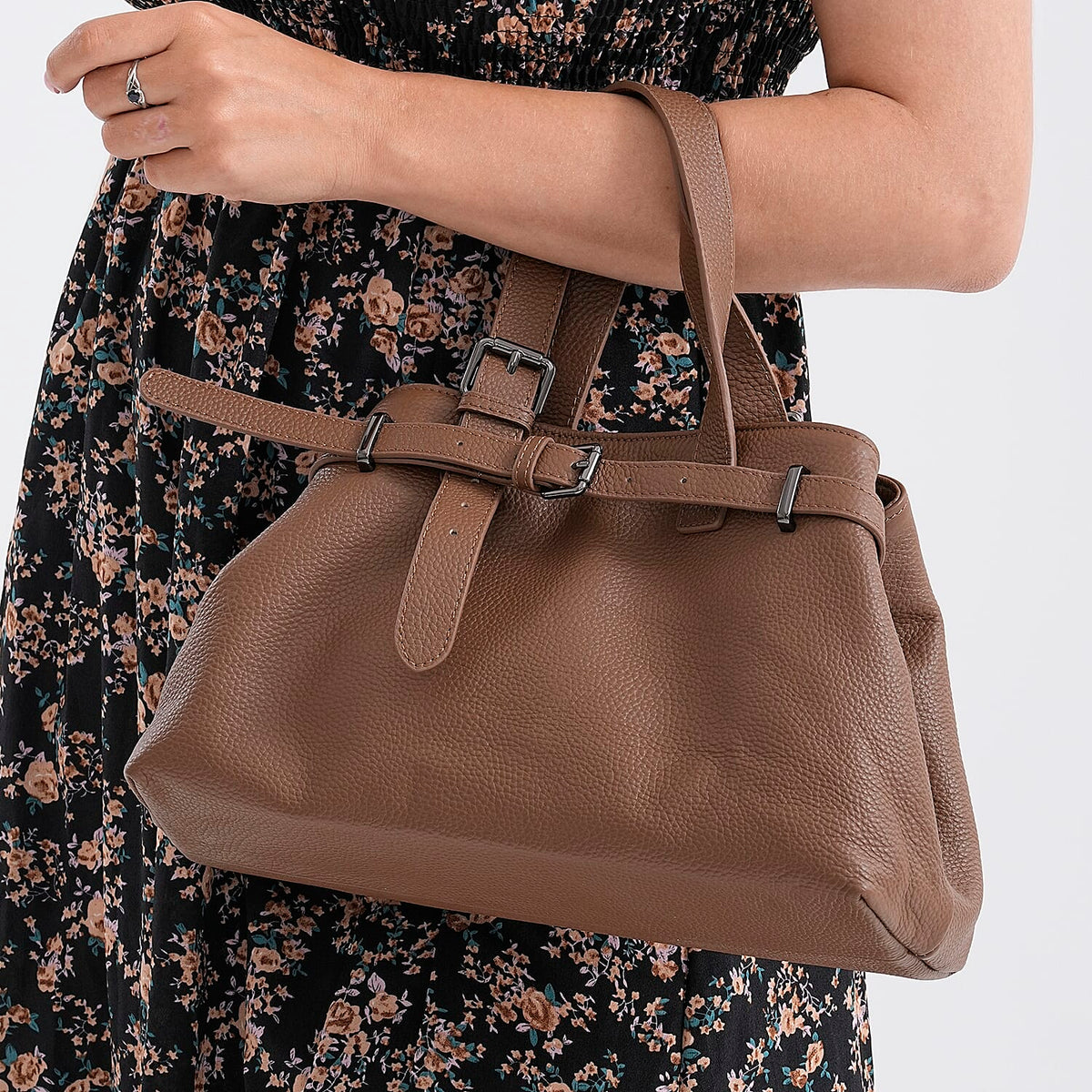 Genuine Leather Belt-detail Crossbody Bag with Detachable Shoulder Strap - Brown 8158439 3