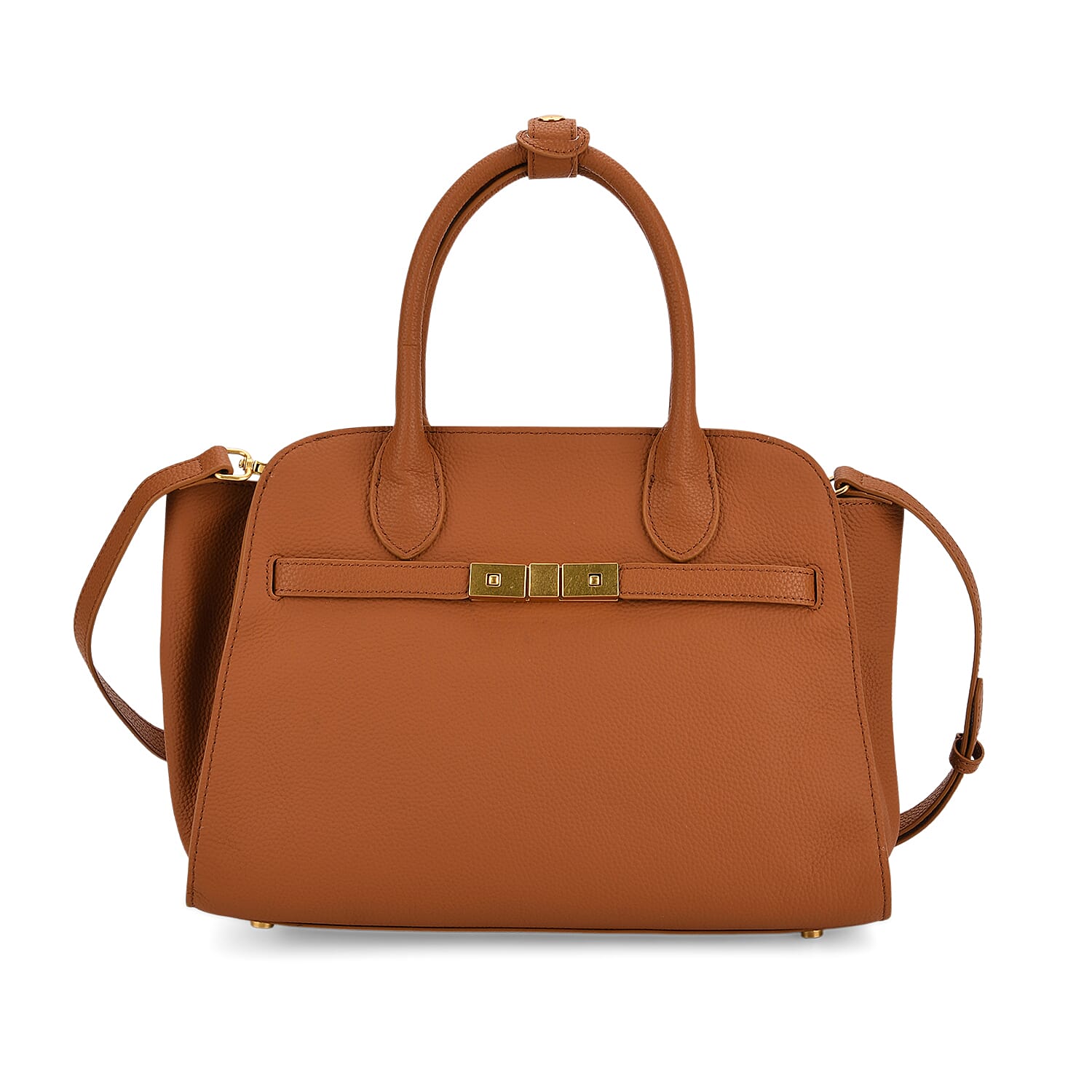 Genuine Leather Structured Top Handle Handbag with Gold Clasp &amp; Shoulder Strap - Brown 8163418 0