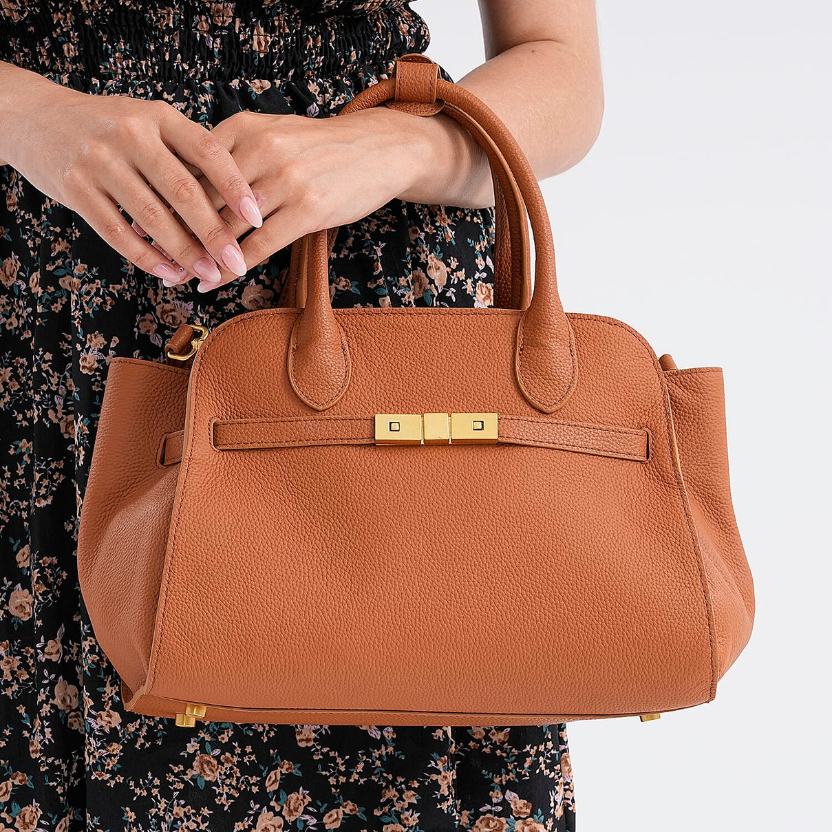 Genuine Leather Structured Top Handle Handbag with Gold Clasp &amp; Shoulder Strap - Brown 8163418 3