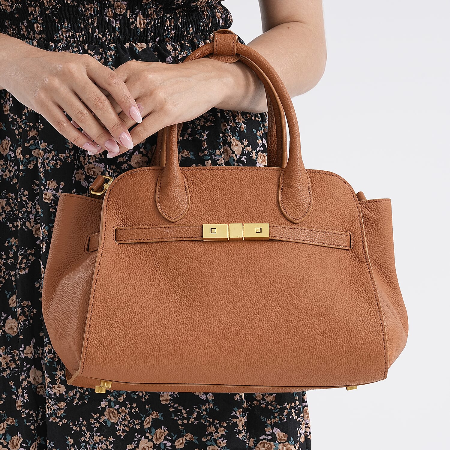 Genuine Leather Structured Top Handle Handbag with Gold Clasp &amp; Shoulder Strap - Brown 8163418 3