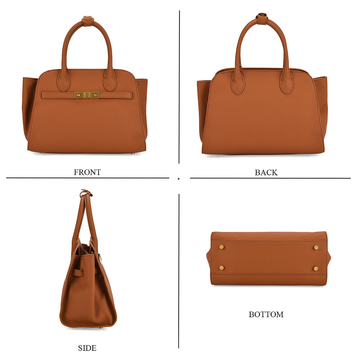 Genuine Leather Structured Top Handle Handbag with Gold Clasp &amp; Shoulder Strap - Brown 8163418 4