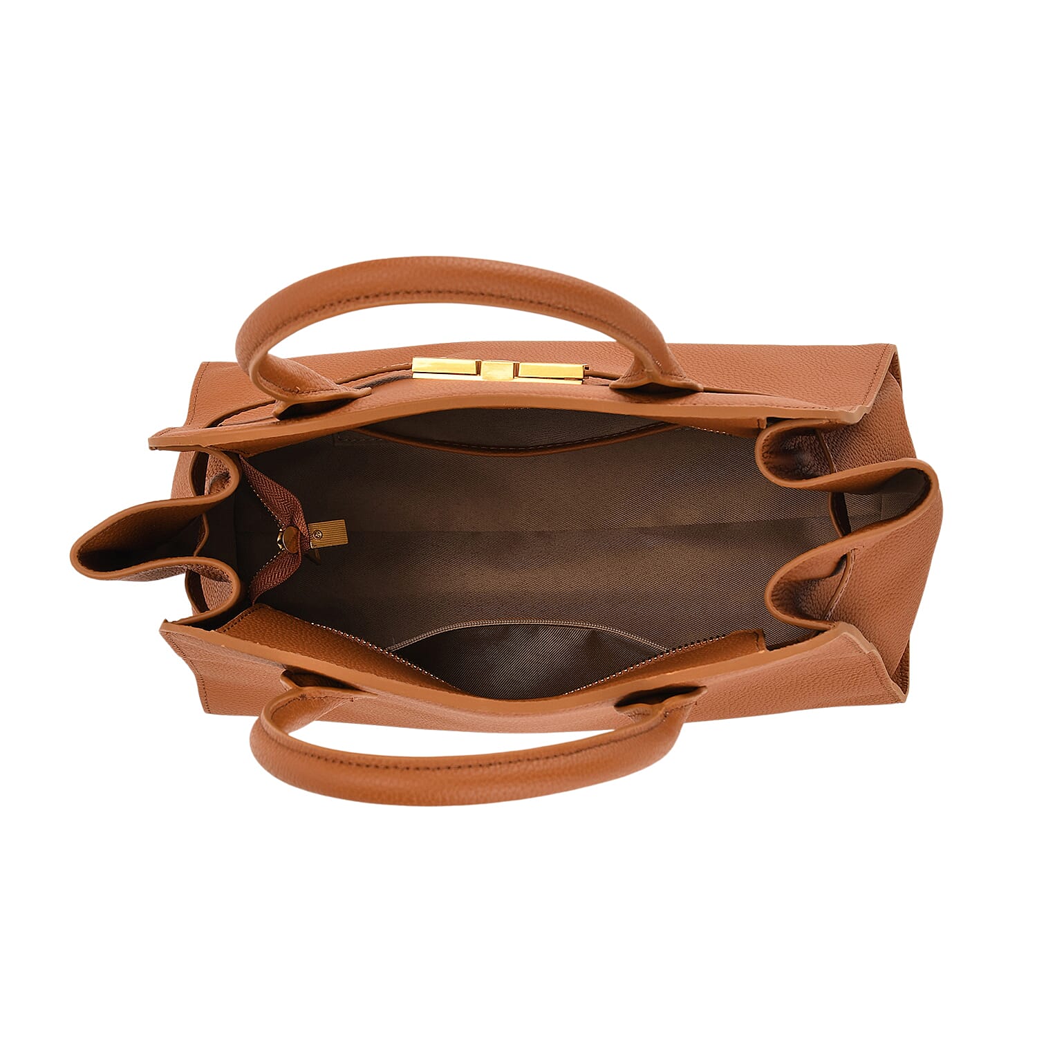 Genuine Leather Structured Top Handle Handbag with Gold Clasp &amp; Shoulder Strap - Brown 8163418 5