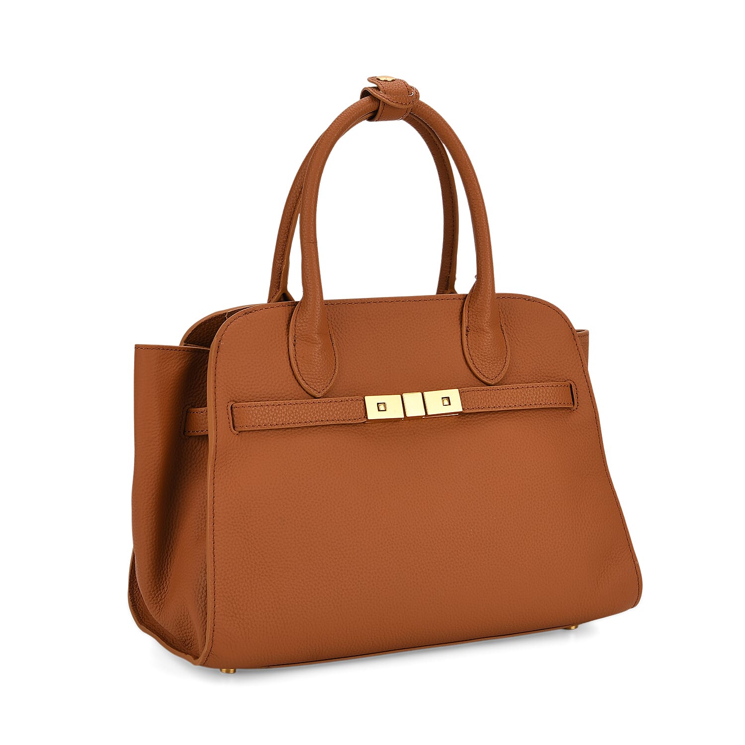 Genuine Leather Structured Top Handle Handbag with Gold Clasp &amp; Shoulder Strap - Brown 8163418 7