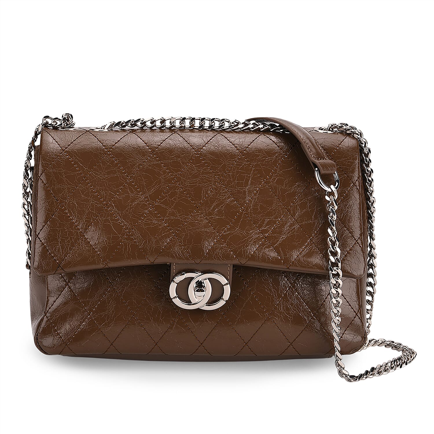 Designer Inspired - 100% Genuine Quilted Leather Crossbody Bag with Chain Strap - Brown 8165384 0