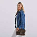 Designer Inspired - 100% Genuine Quilted Leather Crossbody Bag with Chain Strap - Brown